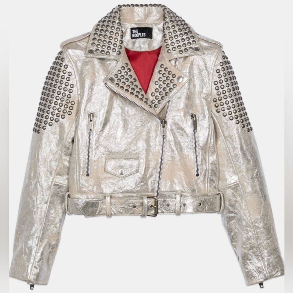 NWT The Kooples Silver Studded Cropped Metallic Leather Biker Jacket Size 1/US S